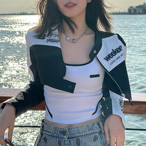 American Street Cool Girl Motorcycle Style Stitching Print Contrast Color Jacket Women’s New Stand Collar Zipper Cardigan Short Coat