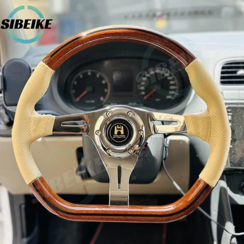 JDM 14inch Classic D Shape Leather Wooden Steering Wheel Vintage Sports Steering Wheel for VW Wolfsburg